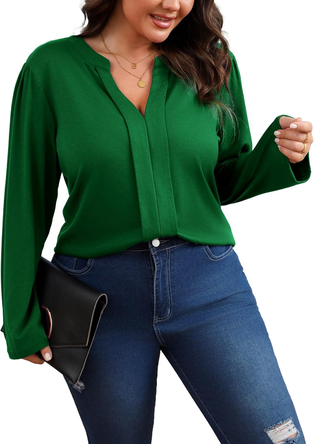 Angelips Women's Plus Size Tops V Neck Pleated Front Shirts Trendy Casual Business Tunic Long Sleeves Fall Blouse