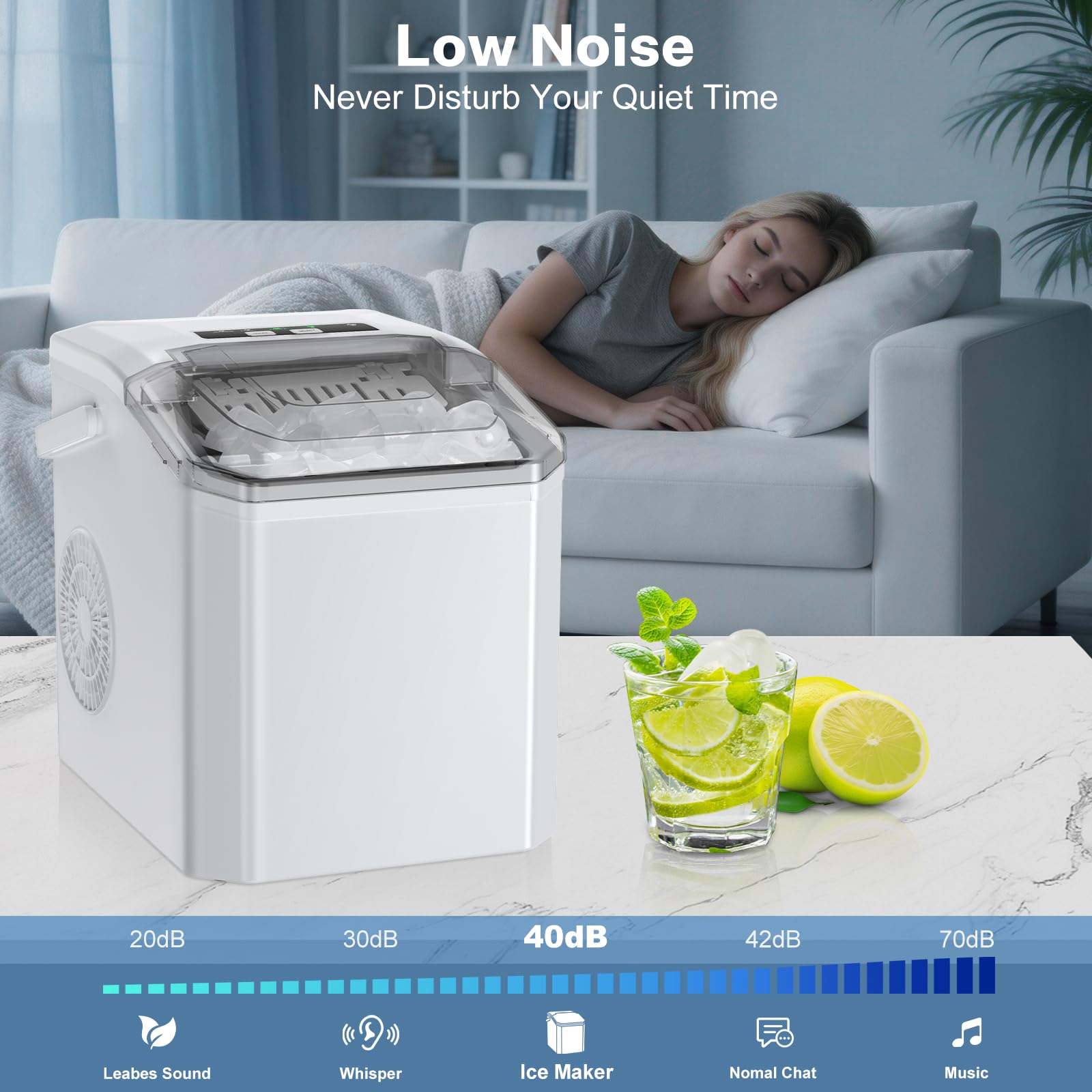 Macchina Ghiaccio,9 Cubetti in 8 Minuti,2 Dimensioni di Ghiaccio,14kg/24h,Macchina Ghiaccio Casa Ice Maker Autopulente con Maniglia/Paletta per Casa/Festa/Cucina/Bar (Bianco)
