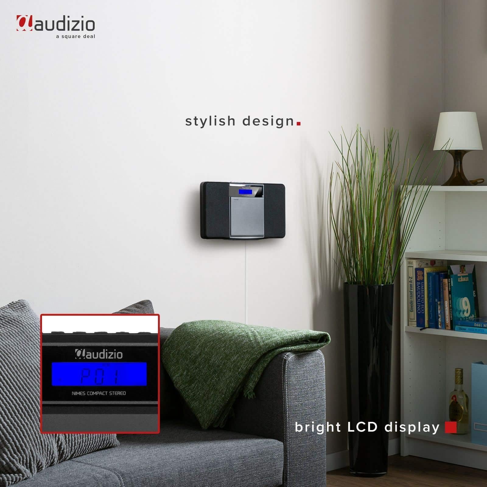 Audizio Nimes Radio Bluetooth Stéréo 50W - Noir, avec Lecteur CD, Lecteur MP3/USB, 20 Stations Préréglées, Écran LCD, Idéale pour Écouter Vos Musiques Favorites et Servir de Réveil chez Vous