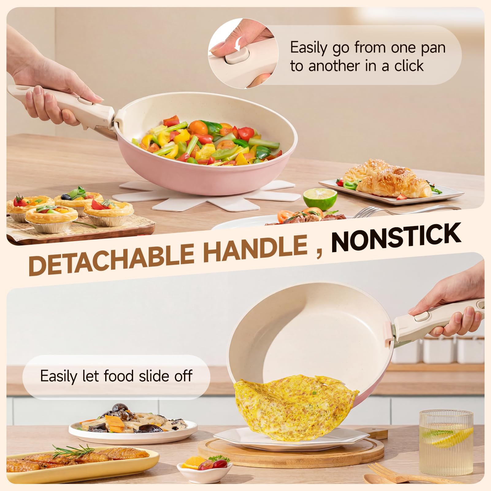Warmiehomy Juego de ollas y sartenes de 17 piezas antiadherentes para inducción de inducción, juego de utensilios de cocina de aluminio antiadherente con mango extraíble, juego de sartenes, juego de