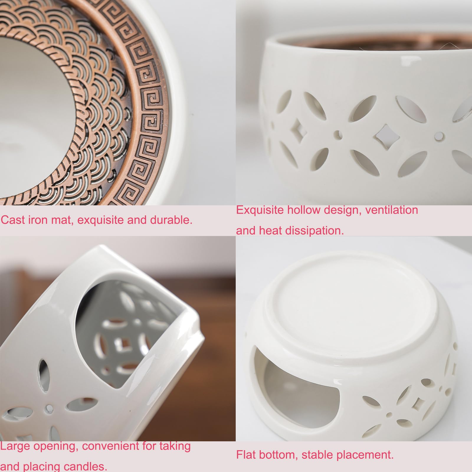 Calentador de Tetera de Porcelana con Portavelas y Tapete, Diseño Tallado Hueco para Té, Leche, Café (Flores)