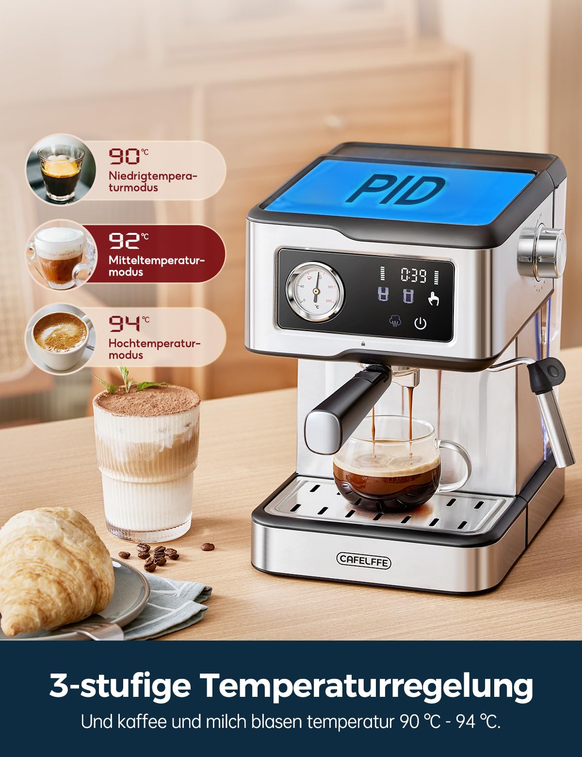 CAFELFFE Cafetera espresso MK-901 con espumador y vaporizador de leche, portafiltro, 20 bares de presión y pantalla táctil LED, ideal para el barista casero o para preparar lattes y cappuccinos.