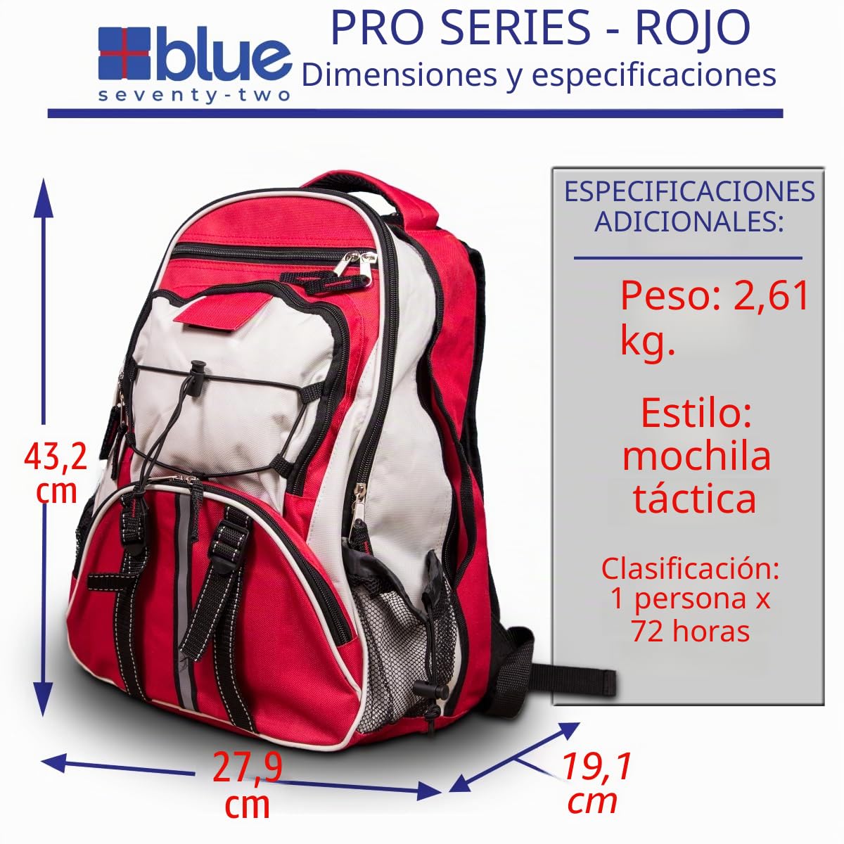 Blue Seventy-Two - Pro Series - Kit de Supervivencia de Mochila de Emergencia roja de Lujo de 72 Horas para 1 Persona | Kit de Supervivencia para emergencias (Incluye tabletas de Agua)