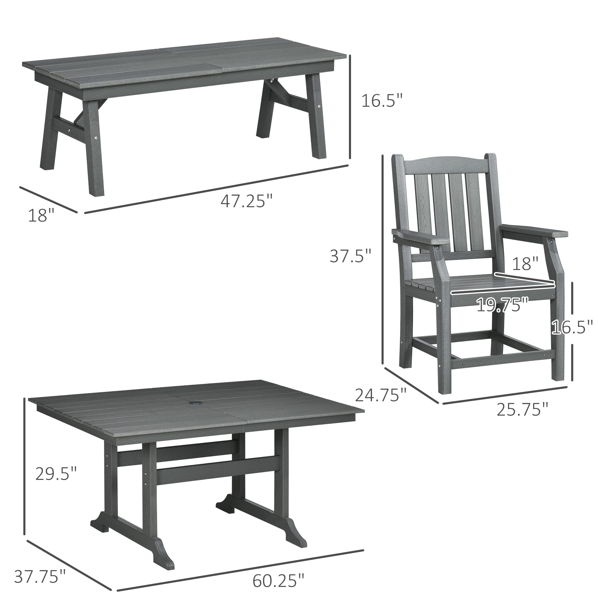 Juego de comedor de patio de 6 piezas, mesa y sillas de exterior de 6 plazas, muebles de conversación, reposabrazos, banco de dos plazas, mesa de comedor con agujero para paraguas, cojines, 7