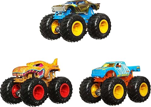 Hot Wheels Monster Trucks - Cambiadores de color 1:64, paquete de 3 camiones de juguete que cambian las decoraciones en agua fría y cambian de nuevo