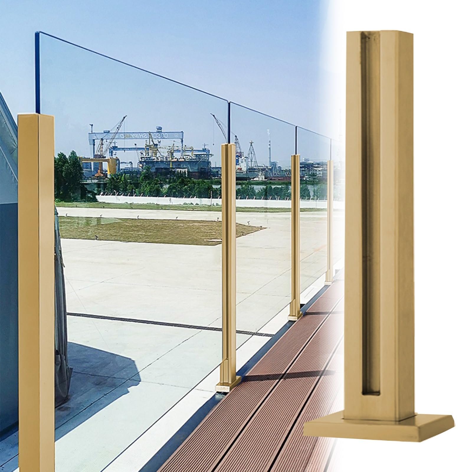 Słupek balustradowy ze złotego szkła na balkon i schody, in in, wspornik do paneli z metalu, drewna, szkła hartowanego, 8-12 mm, trwałe i stylowe rozwiązanie balustradowe