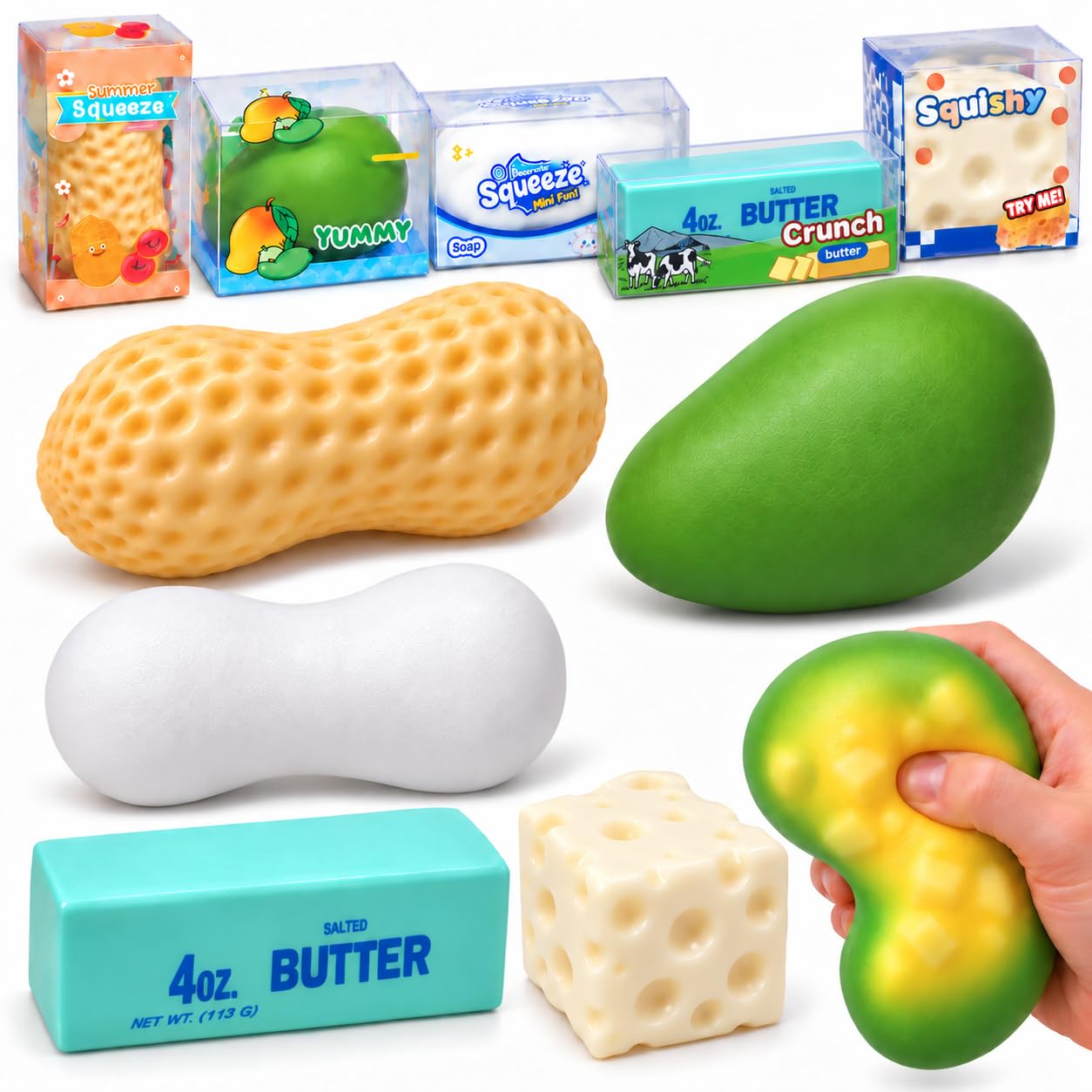 5PCS Crunchy Squishy Sets - Realistic Food Shaped ASMR Peanut Butter Squishy Set, Crunchy Squishies Squeeze Cheese for Stress Relief, Novelty Sensory Gift for Adults(5pcs)