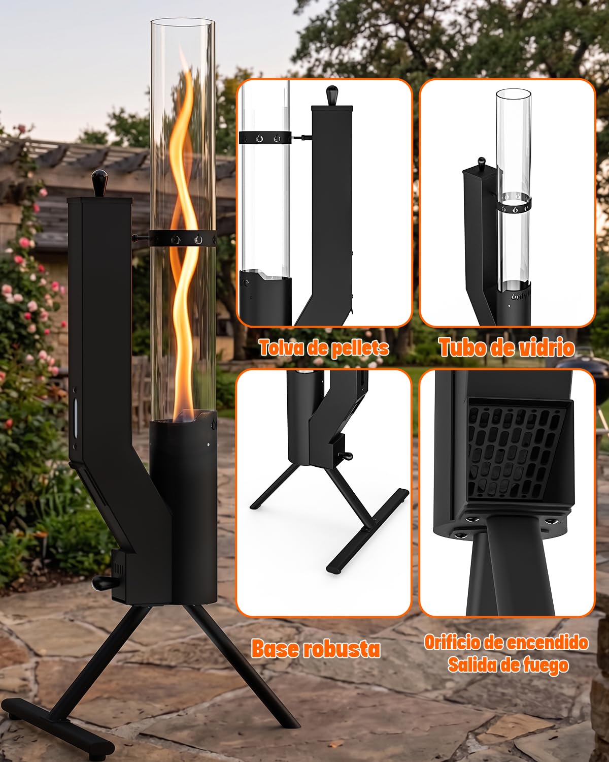 Onlyfire Estufa de Exterior de Pellets, Antorcha con Llama en Espiral de 360°, Chimenea de Jardín con Cilindro de Cristal de 65cm, Brasero de Exterior para Terraza y Camping, Altura Total 110cm