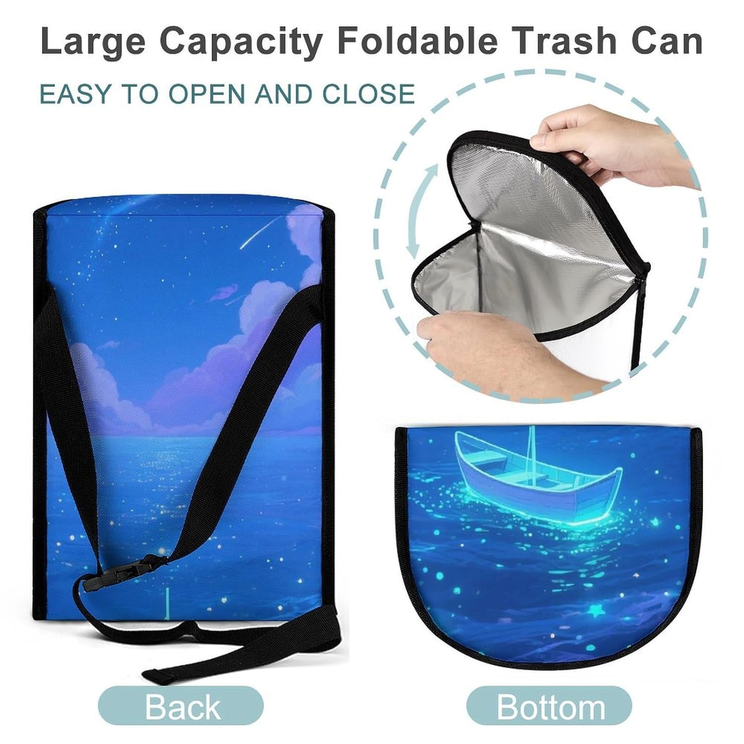 MUSM Leakproof Car Trash Can 2.5 Gallon, Durable Automotive Garbage Bag with Waterproof Liner, Fluorescent Sea Trash Bag for Car, Truck, RV & Bathroom