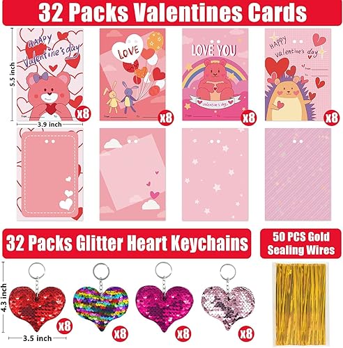 Miniatura 2 de PARTYWIND Tarjetas de San Valentín para el aula de niños, 32 tarjetas de regalo del día de San Valentín + 32 llaveros con purpurina, regalos de