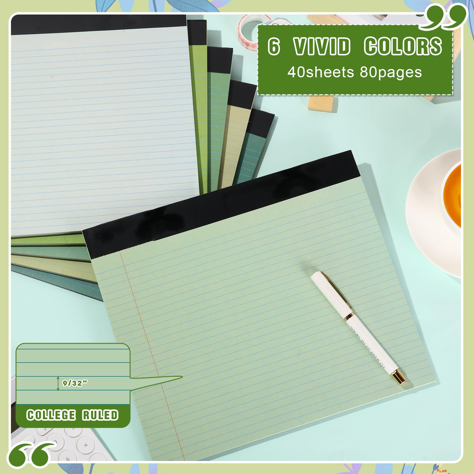 Lincia 6 blocchetti da 27,9 x 24,1 cm, blocco note a righe universitarie, blocchi di carta colorata a righe, 40 fogli/blocchetto da 80 g/m², colori pastello, per scuola e ufficio (verde sfumato)