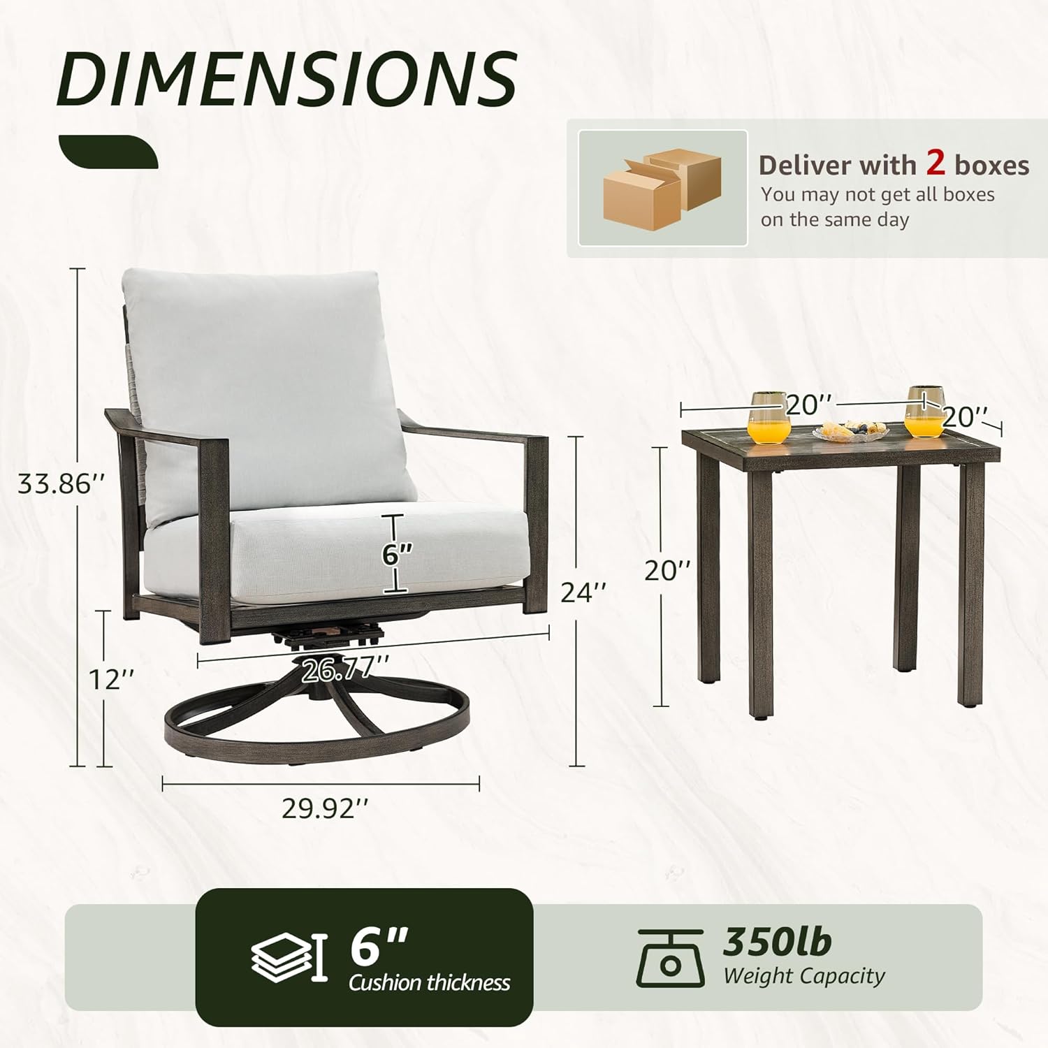 NATURAL EXPRESSIONS Patio Swivel Chairs Set of 2,Outdoor Rocker Chairs Set Patio Bistro Set with Hand-Woven Rope Back,3 Pieces Patio Furniture Sets with 6" Cushions for Backyard,Porch,Balcony,Deck