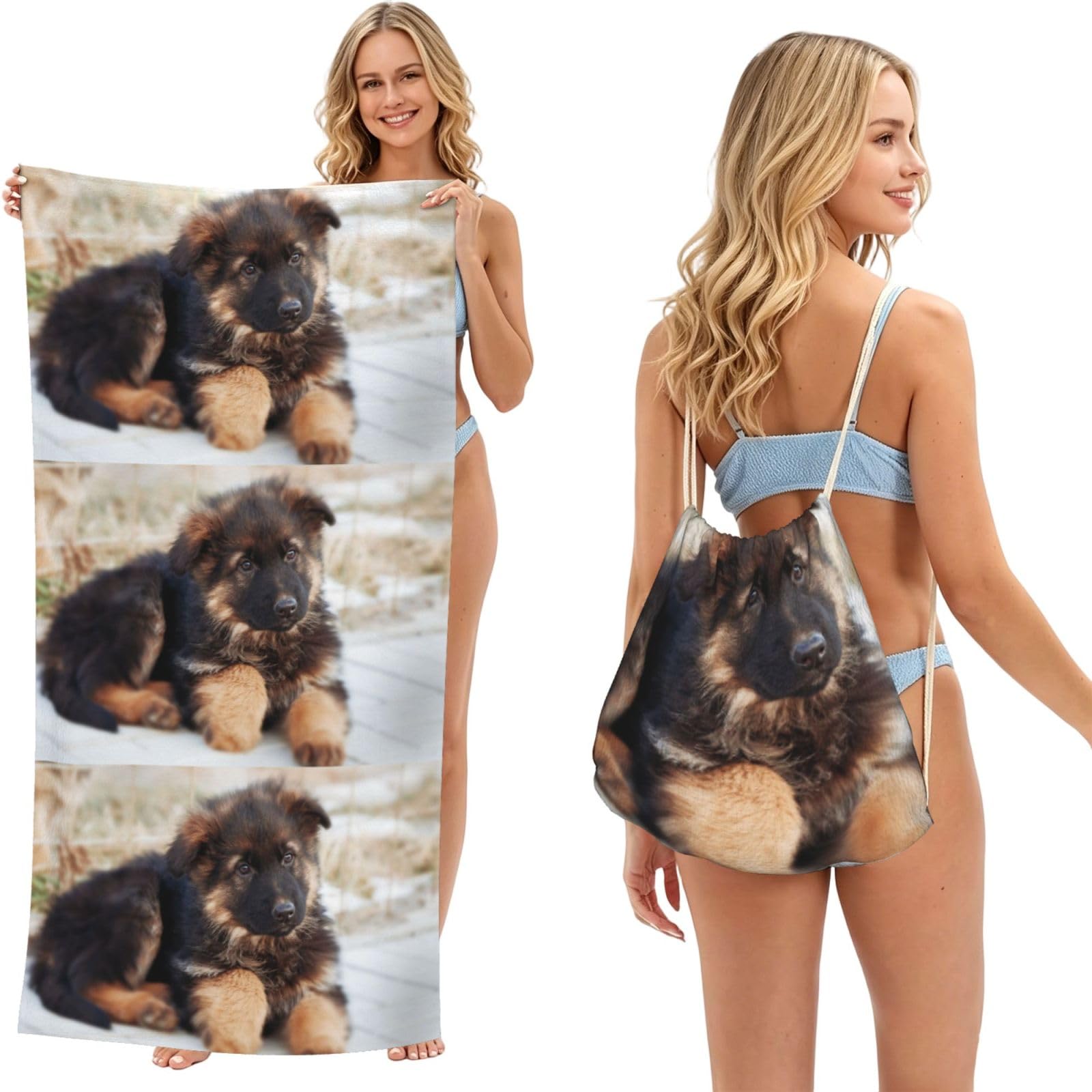 Poadnly As Picture German Shepherd Puppies Print, 2 In 1 Packable Towel Bag, Beach Towels With Drawstring Backpack For Travel Holiday Camping