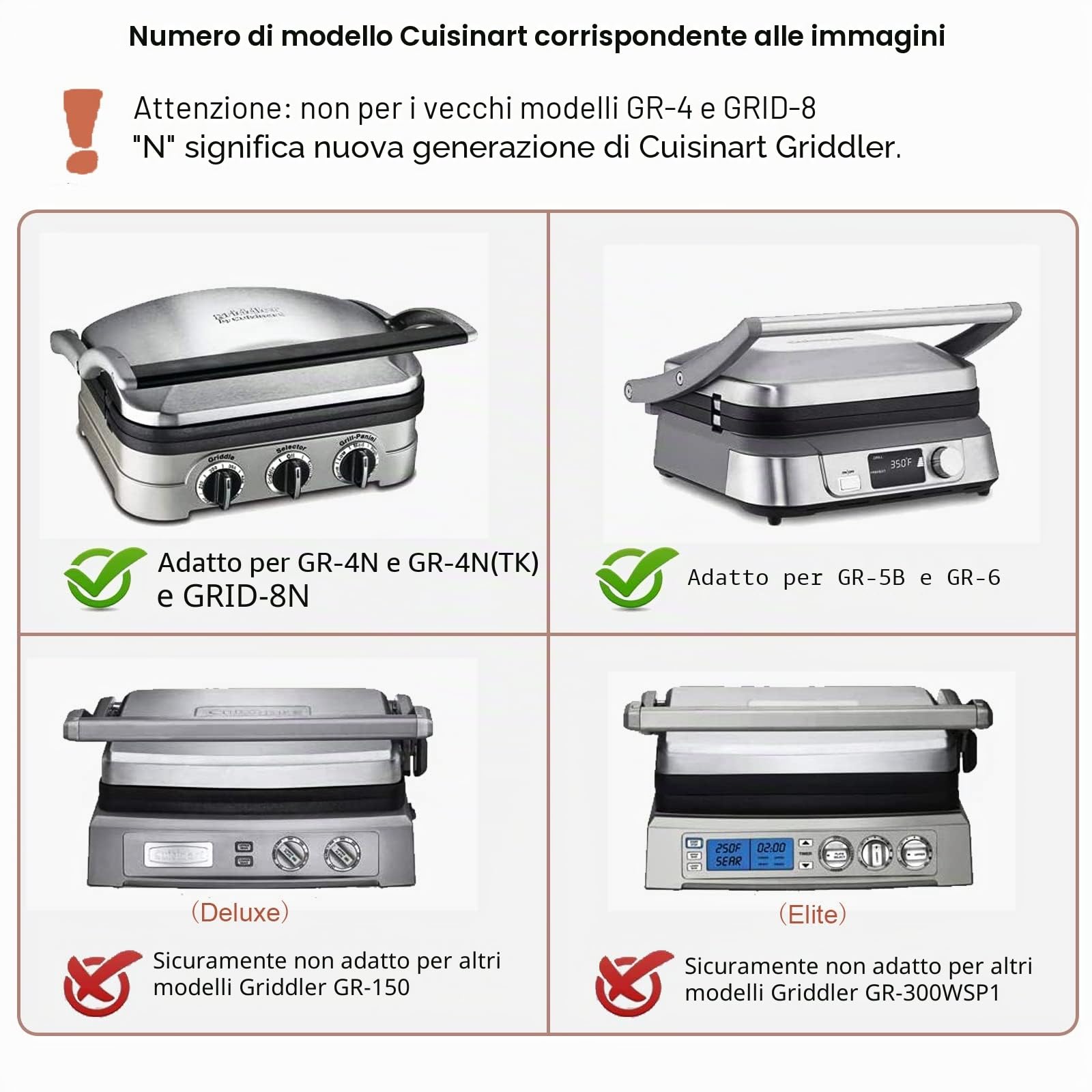 Set di 2 piastre grigliate di ricambio per pressa per panini e grill Cuisinart GR-4NP1 5 in 1 - Accessori per griglia, senza BPA, 2 pezzi