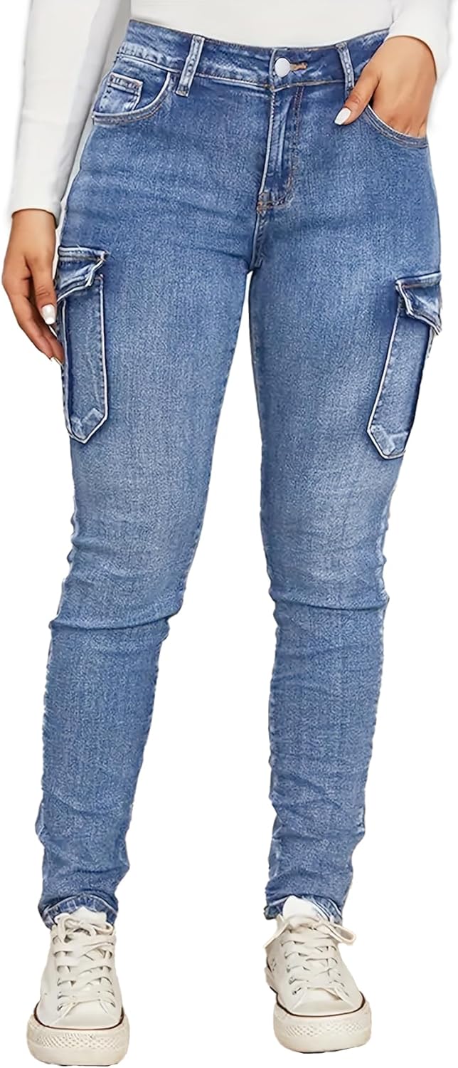 Cargo Skinny Jeans for Women Trendy Stretchy High Waisted Flap Pocket Denim Pants