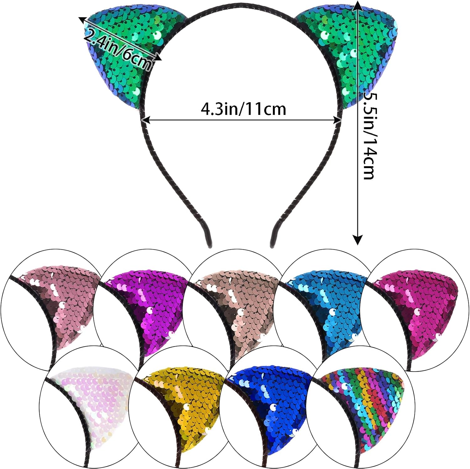 Cat Ears Headbands for Women Girls Glitter Sequin Cat Ears Headbands for Birthday Halloween Party Supplies (Style 1, 10) - Image 2