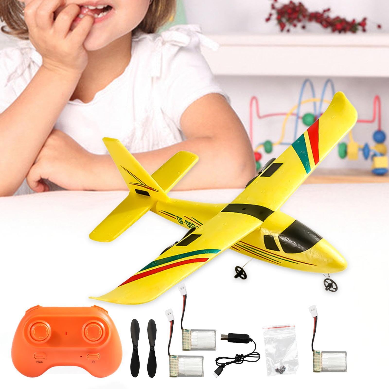 Aeroplano Radiocomandato, RC, Aereo Portatile per Esterni, Aereo RC a 2 Canali per Principianti, Ragazze, Ragazzi, Bambini E Adulti, 3 Batteria Gialla
