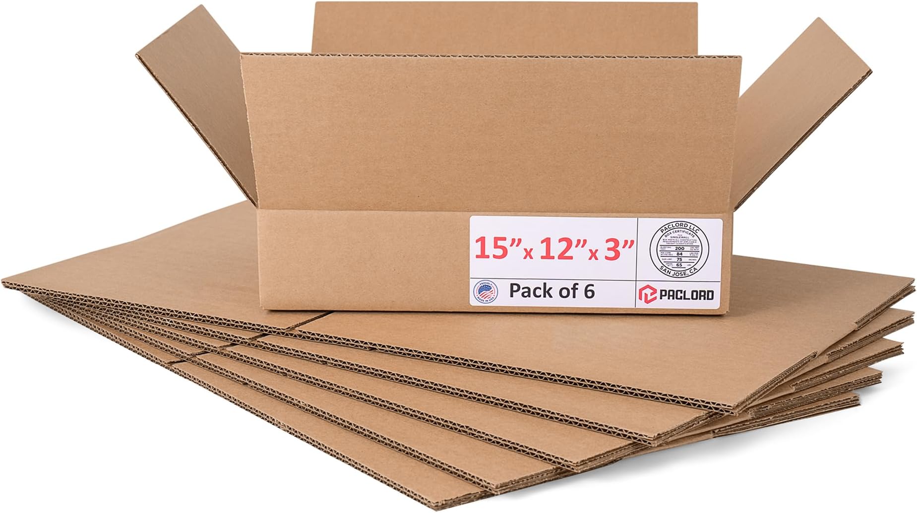 Flat Cardboard Boxes 15"L x 12"W x 3"H (Pack of 6) - USA-Made Packing Boxes for Moving, Shipping, or Storage - USPS, UPS, FedEx Approved - Professional Packing Supplies for Moving