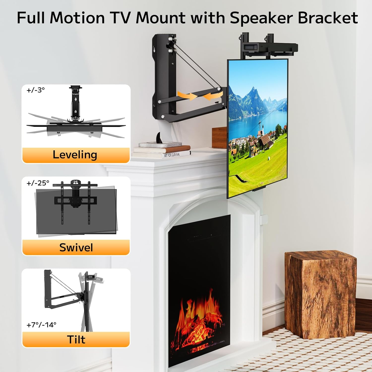 Motorized Pull Down TV Mount with Speaker Bracket Over Fireplace, Electric Height Adjustable Wall Mount for 32-70" TV up to 77lbs, Full Motion Swivel & Tilt, Remote Control, Max VESA 600x400mm