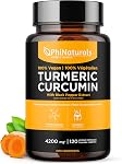 Turmeric Curcumin with Black Pepper Extract - 500mg per Capsule - 4200 mg Whole Tumeric Curcuma Root Equivalent Per 3 Capsules Serving - PhiNaturals Turmeric Supplement