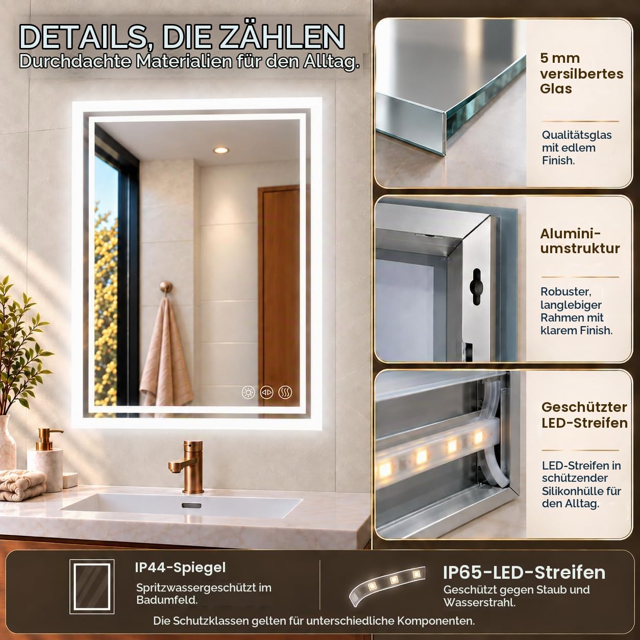 LUVODI LED Badspiegel mit Hintergrundbeleuchtung: 60x80 cm Badezimmerspiegel mit Licht Touch Schalter Beschlagfrei Dimmbar Bad… – Ansicht 8