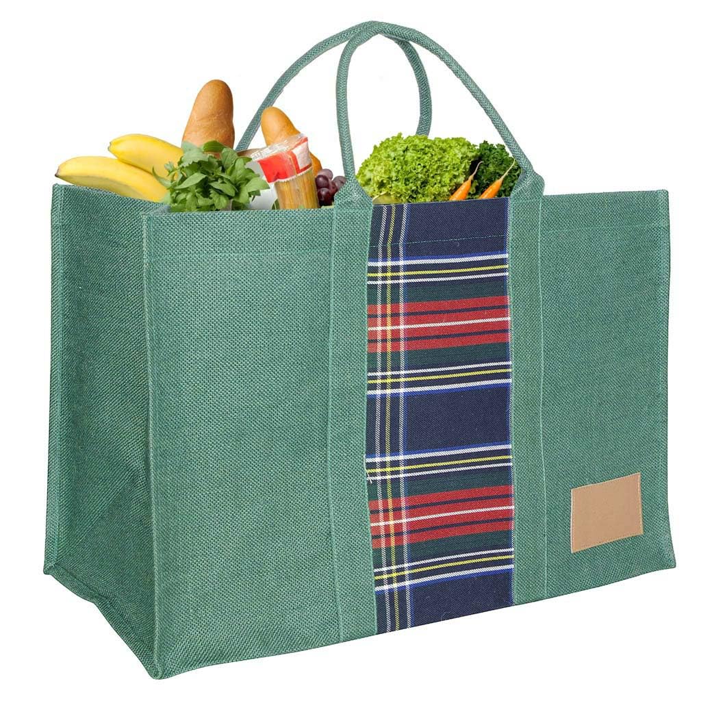 Dibor Large Jute Shopping Bag - Natural Hessian (Green Tartan)