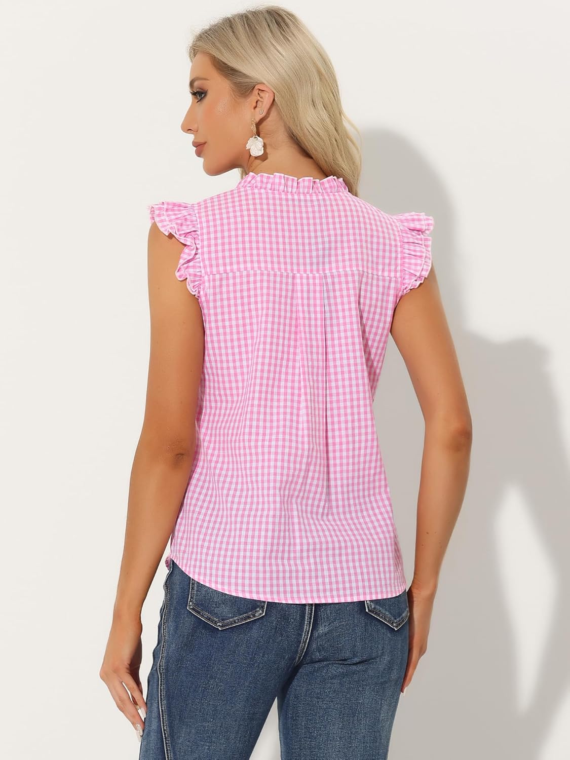 Allegra K Gingham 50s Tops for Women's Cute Cap Sleeve Ruffle Plaid Shirt - Image 2