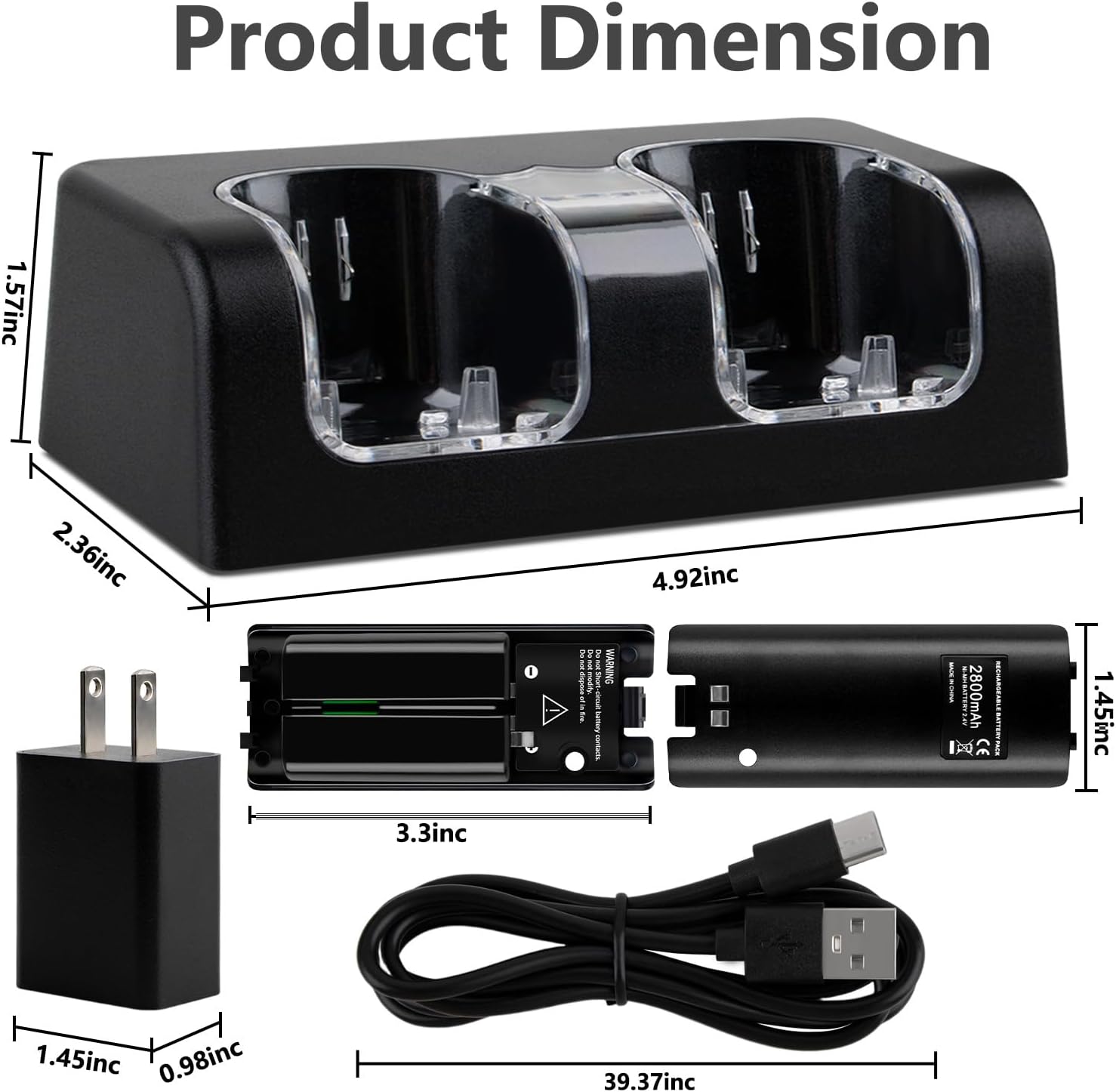 2-in-1 Charger Station for Wii/Wii U Remote Controller, with 2 pcs 2800mAh Rechargeable Battery Packs, USB Plug and USB Cable, 2 Port Charging Station for wii Controller (Remote not includedd)-Black