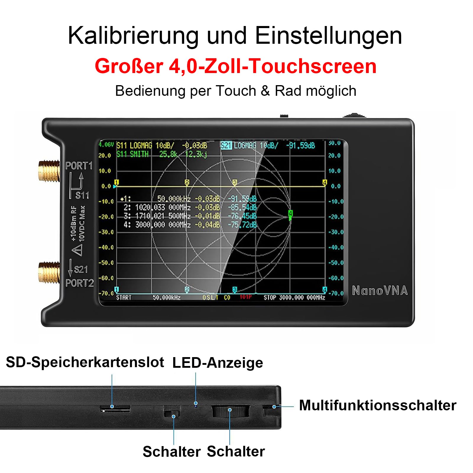 NanoVNA-H4 Vektor-Netzwerkanalysator mit 32GB Karte & 10,16cm (4") Touchscreen, 9 kHz–1,5 GHz HF/VHF/UHF für Smith-Chart, Phase & Verzögerung