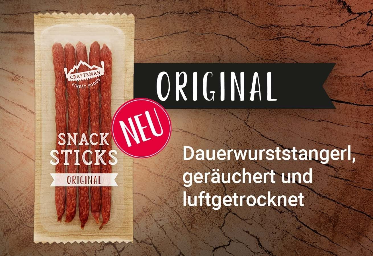 Craftsman Snack Sticks Original (5 x 45 g) | Wurst Snack | Mini-Salami | Fleischsnack to Go | geräucherte Mini Wurst | Herzhafte Salami-Sticks | Rohwurst | Dauerwurst (5 Packungen (5 x 45g))