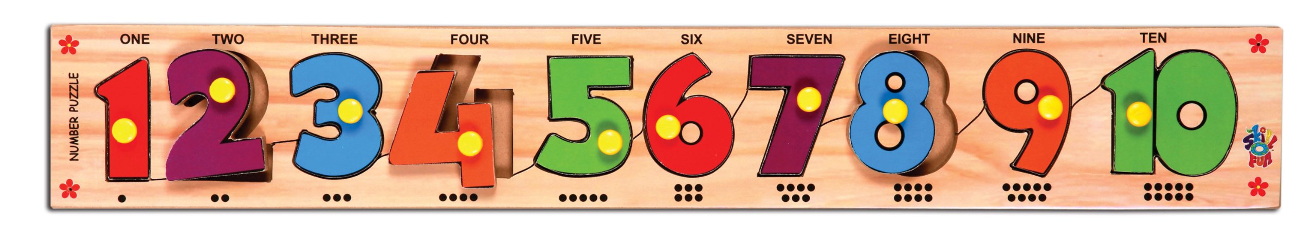 Skillofun Wooden Number Strip Puzzle with Knobs, Non-Toxic eco-Friendly Colorful Wooden Pieces with Sturdy knobs | Enhances Number Recognition and Cognitive Skills in Toddlers |