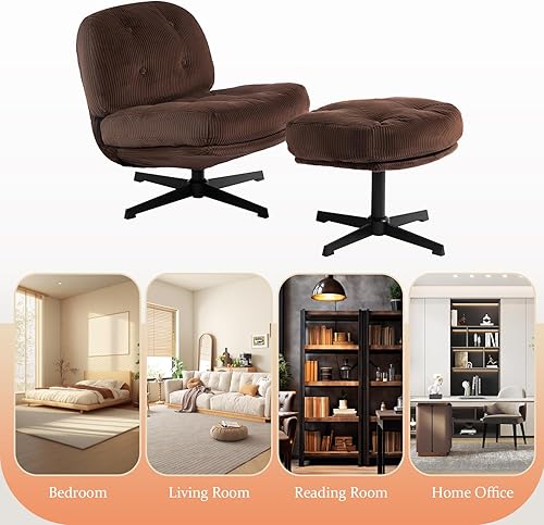 Miniatura 6 de HollyHOME Moderna silla giratoria de 360 con otomana, cómoda silla de lectura tapizada y reposapiés, silla perezosa de tela con cojín suave, sofá