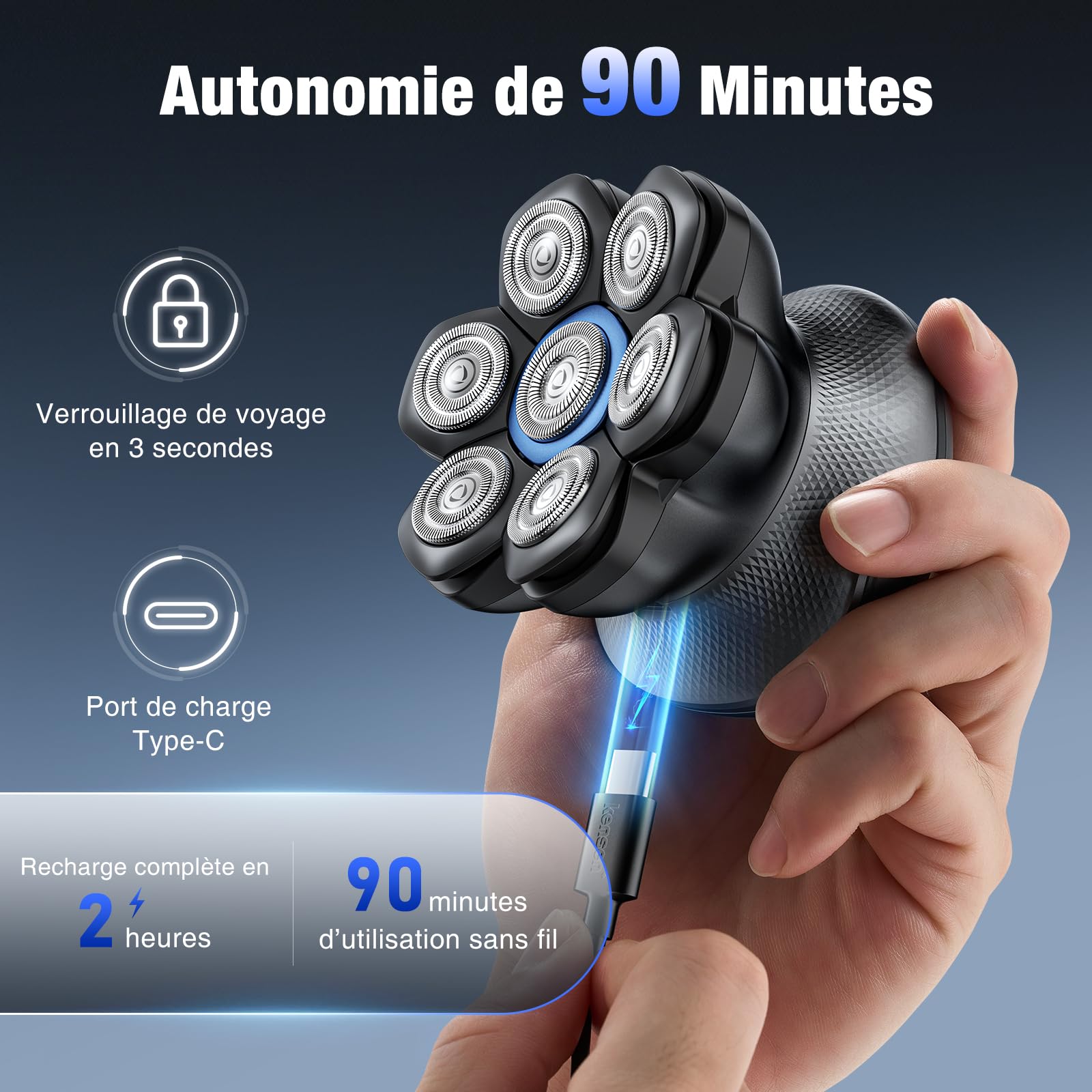 kensen Rasoir Tete Chauve Homme 7D Tondeuse Crane Chauve 90 Mins d'Autonomie 2 Vitesses Rasoir Crane Homme Chauve Étanche IPX6-Wet & Dry,USB-C,sans Fil,avec Écran LED (Noir)