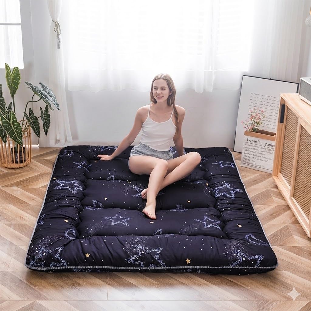 MAXYOYO Matelas Futon Japonais à Motifs, Matelas d'appoint matelassé, Lit d'invité, Matelas de Couchage Pliant Tatami Mat Respirant Lit d'invité pour Camping Couch, Rêver Lune, 90 x 190 cm