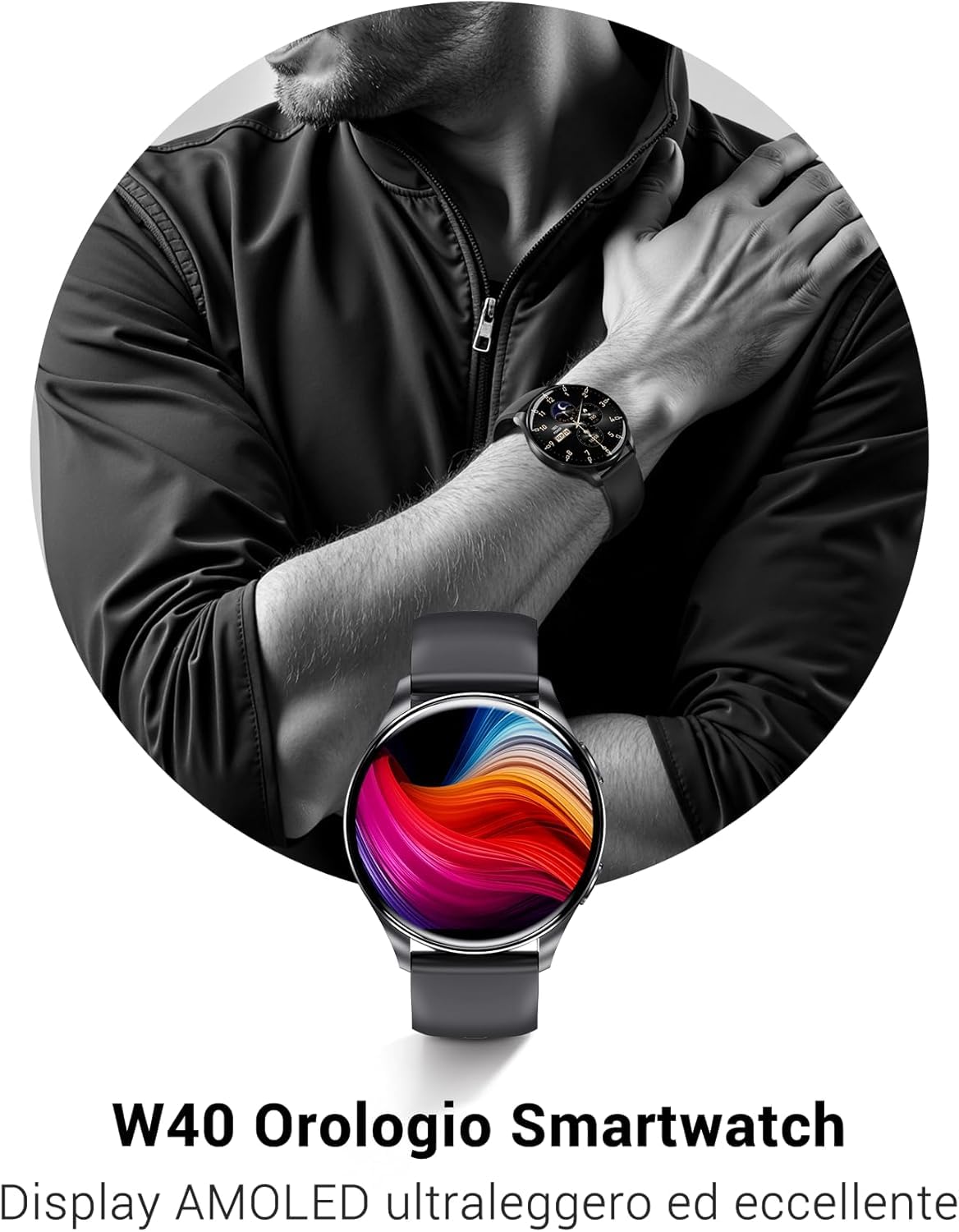 IOWODO Smartwatch, Orologio Fitness con Chiamate Bluetooth e Schermo AMOLED Rotondo 1.43", Monitoraggio Frequenza Cardiaca 24/7 e Sonno, Impermeabile IP68, per iPhone e Android