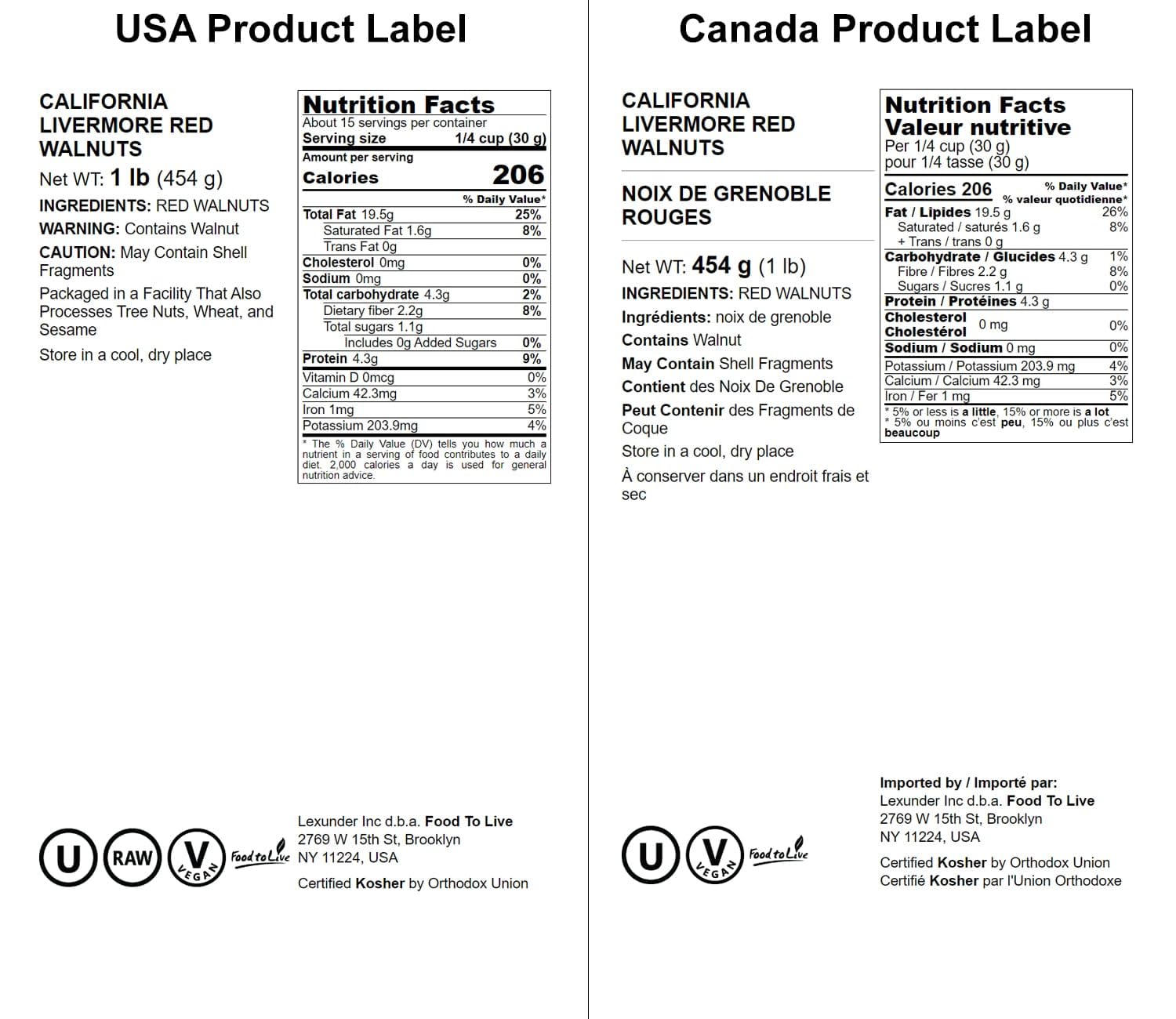 Food to Live - California Livermore Red Walnuts, 1 Pound Raw, No Shell, Kosher, Unsalted, Natural, Sirtfood, Bulk