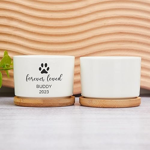 Miniatura 2 de Maceta de regalo conmemorativa personalizada para gatos, maceta de cerámica blanca con nombre, fecha y huella de pata, recuerdo de mascotas siempre
