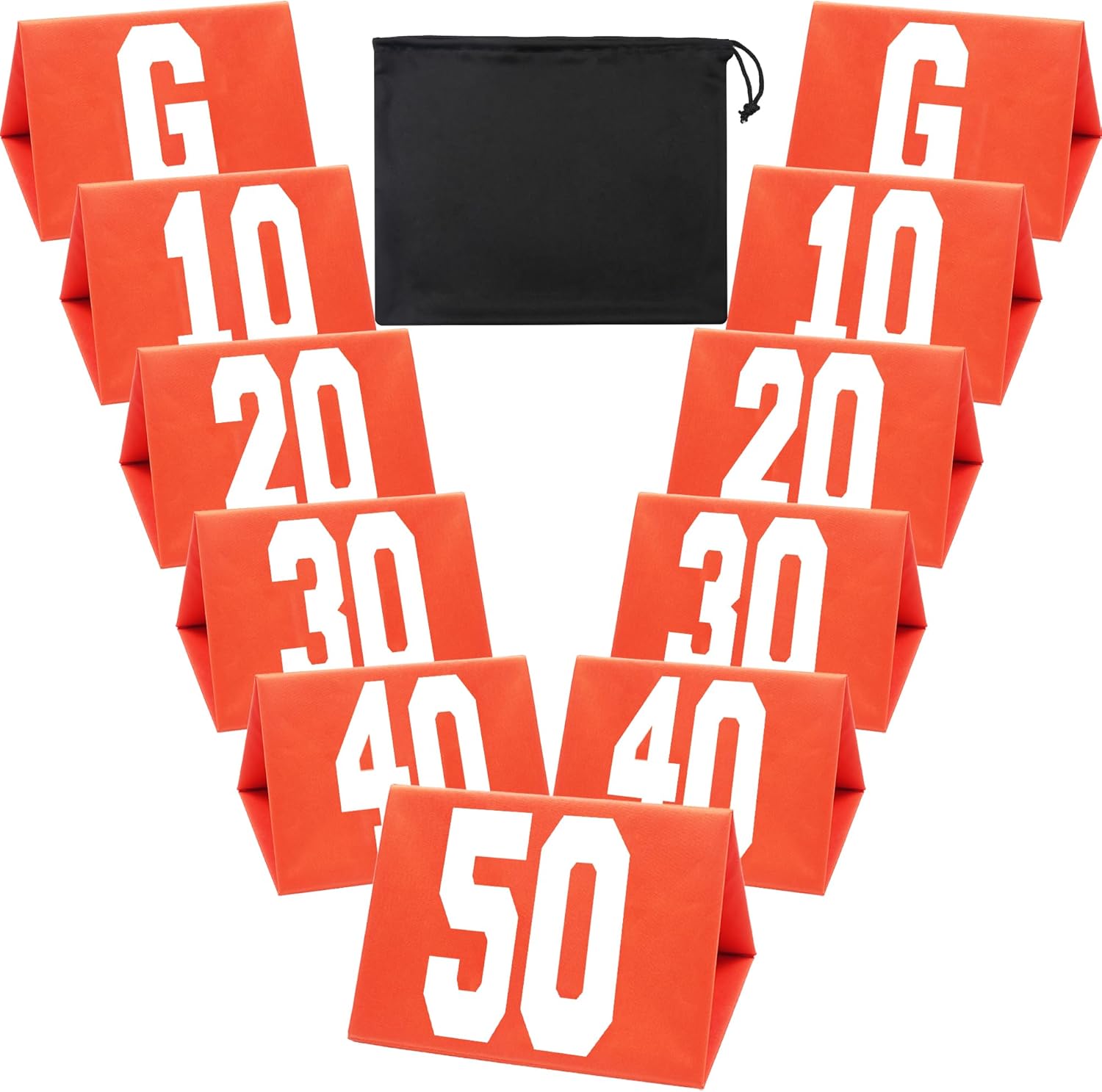 Set of 11 Football Yard Markers Field Markers Orange High Visibility Weighted Yardage Markers with Portable Carrying Bag, Football Gear for Football Training Equipment