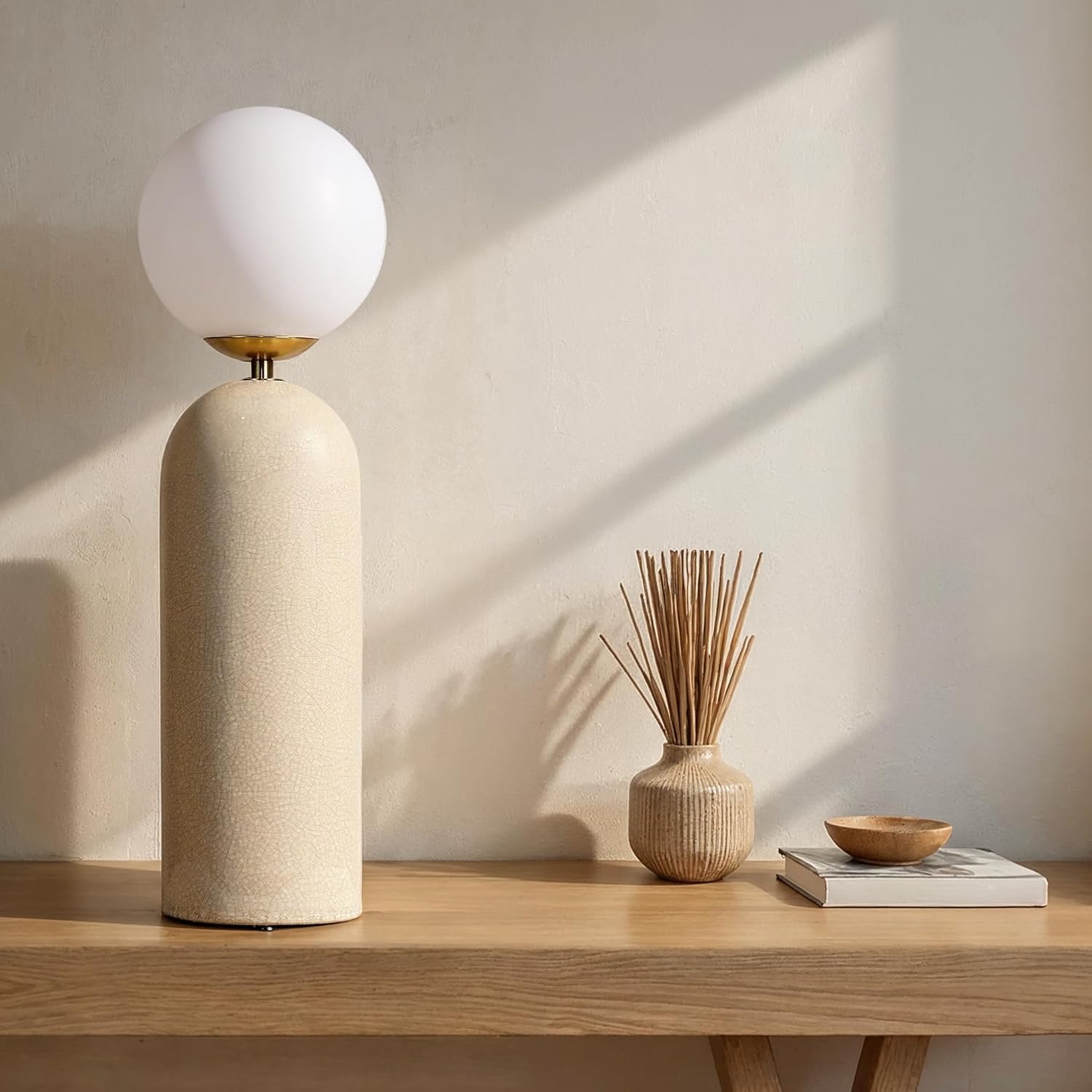 Bloomingville Stoneware Table Lamp with Frosted Globe and Inline Switch, Cream