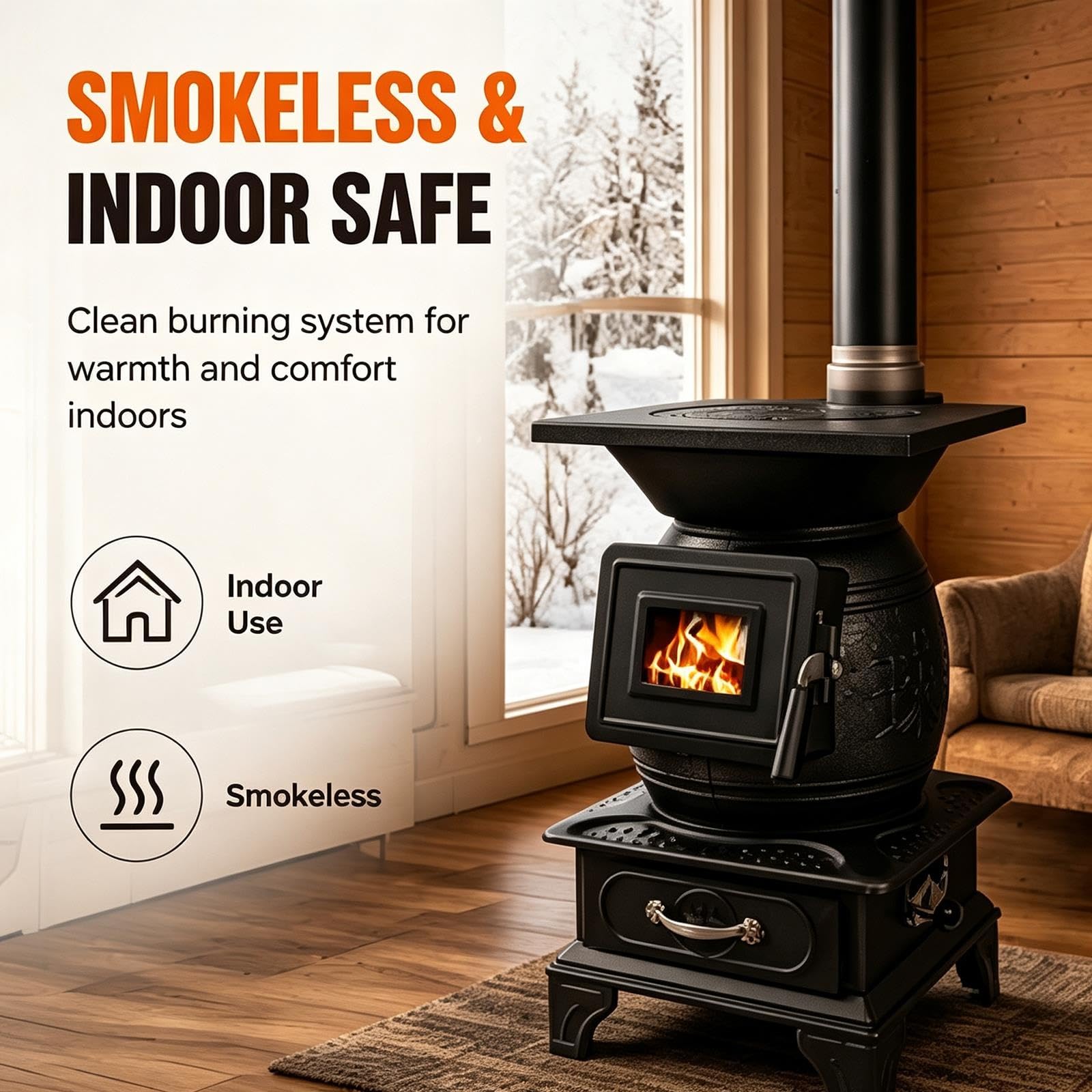 Poêles a Bois D'intérieur, 6KW Poele a Bois en Fonte, Sans Fumée