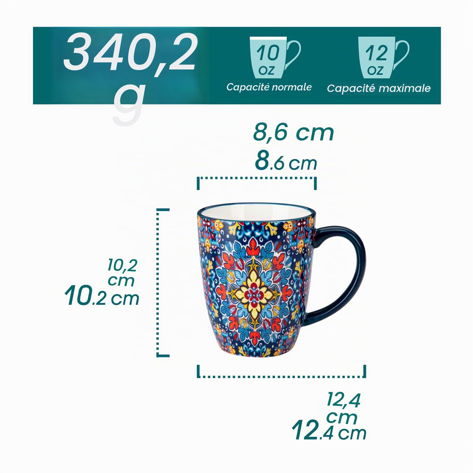 vancasso SIMI Lot de 6 Tasses à Café en Porcelaine (360ml) - Mugs avec Anse pour Thé, Café, Lait, Cappuccino - Résistant au Lave-vaisselle et Micro-ondes - Design Bohème Chic