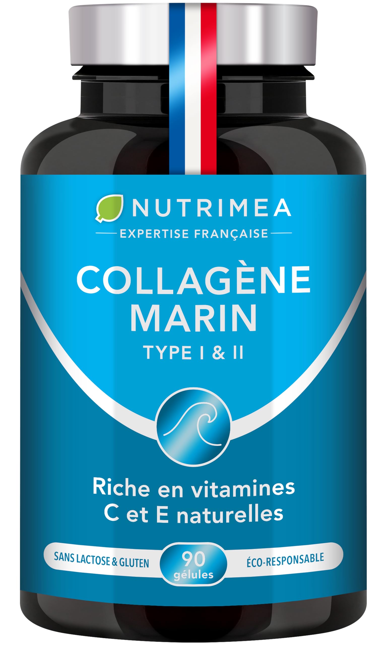 COLLAGENE MARIN - Type 1 & 2 BREVETÉ Pur et Naturel - Vitamines A, C & E Végétales - Nutrimea - Hydratation de la Peau - Protège Os et Articulations - 900 mg - 90 Gélules - Fabriqué en France