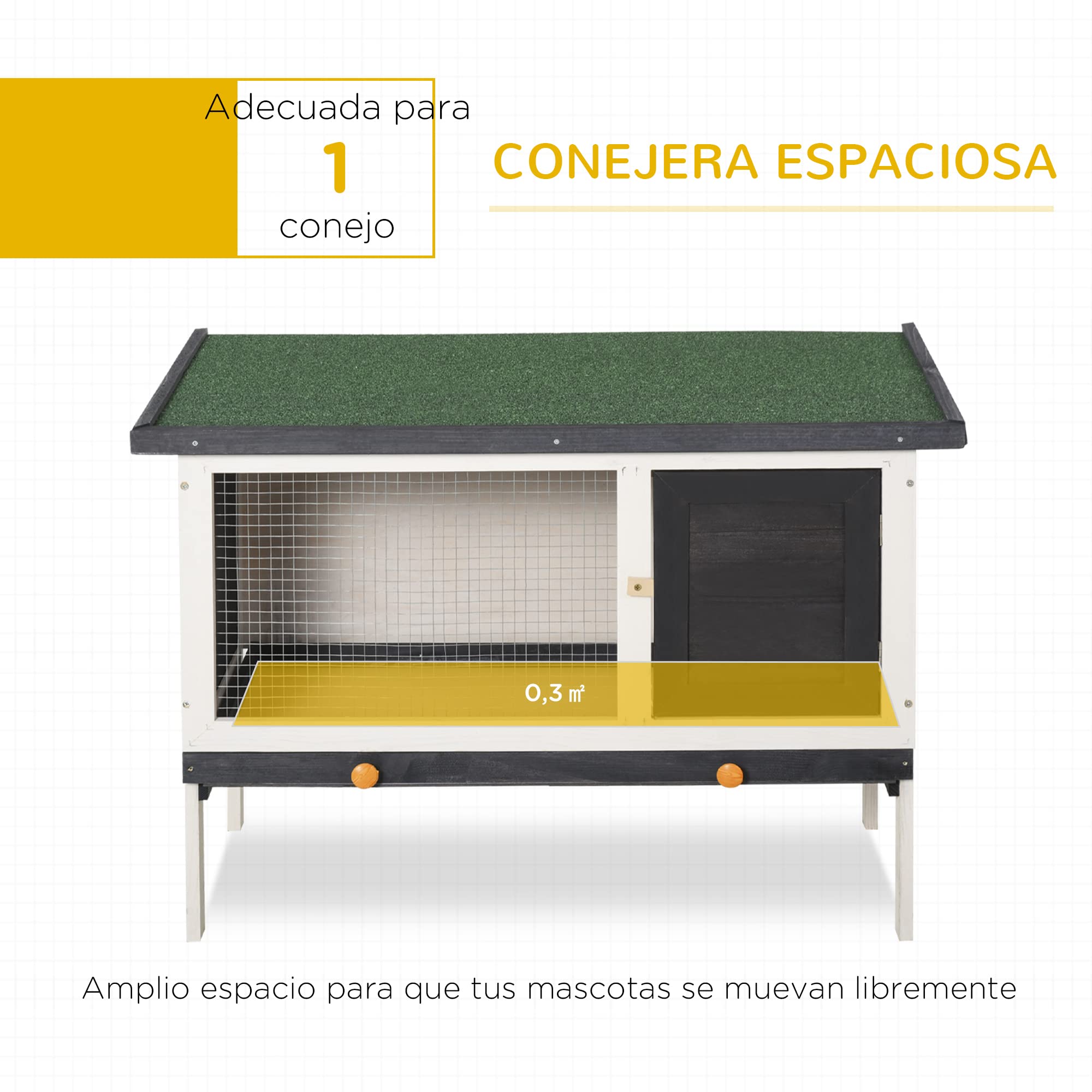 PawHut Conejera de Madera Exterior Jaula Elevada para Conejos Cobayas Animales Pequeños con Techo Asfáltico Abatible Bandejas Extraíbles y Puerta con Pestillo 90x45x65 cm Gris Oscuro