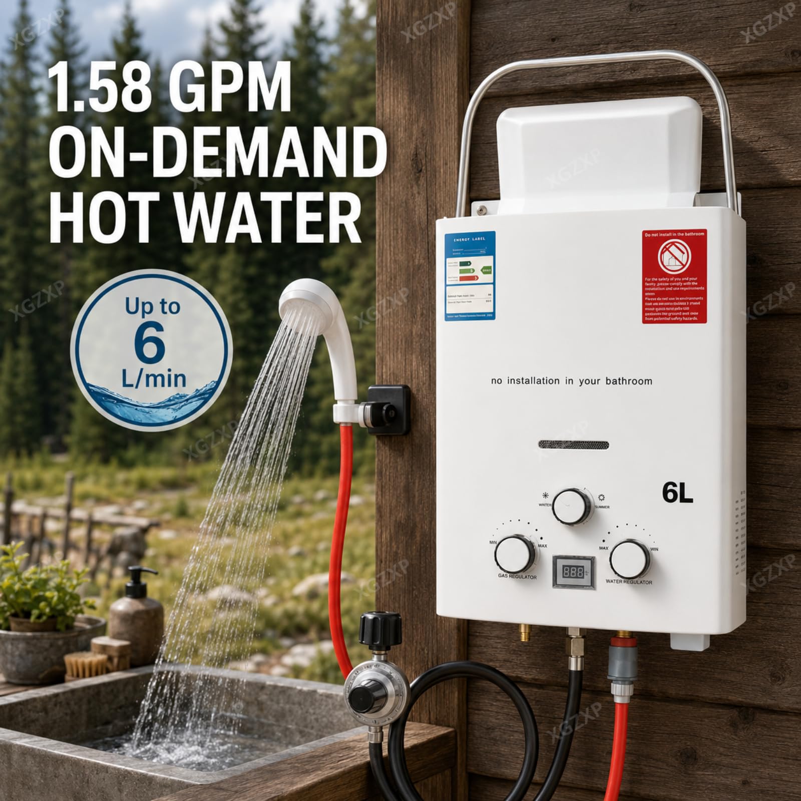Calentador de agua portátil sin tanque, calentador de agua sin tanque, propano con cabezal de ducha, kit de 6 l/1.58 gpm, calentador de agua caliente instantáneo para uso al aire libre, para camping