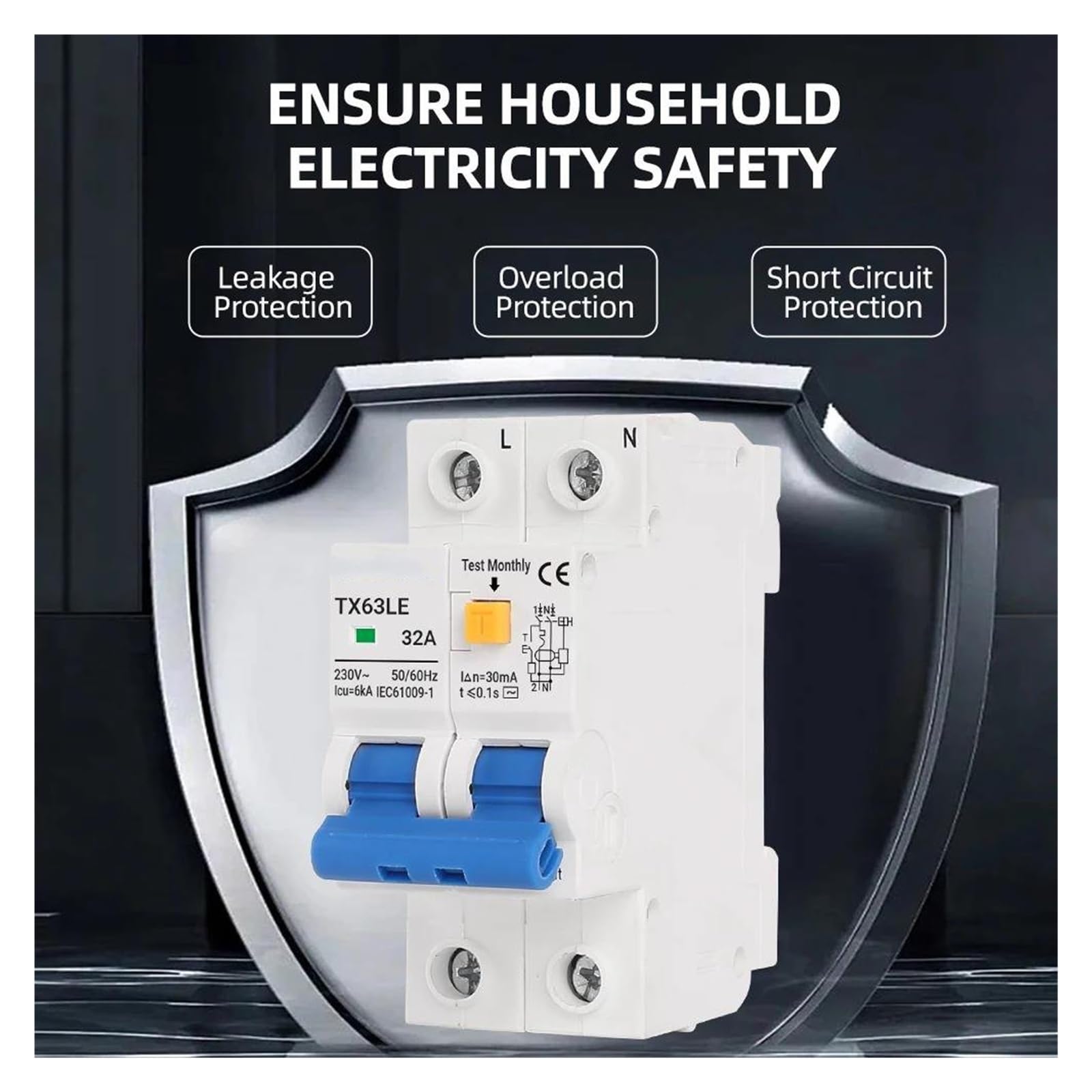 Interruttore differenziale 230V 2P MCB 30mA Protezione da sovraccarico, cortocircuito, dispersione di corrente Protezione RCBO RCCB RCD 16A 32A 63A(50A)