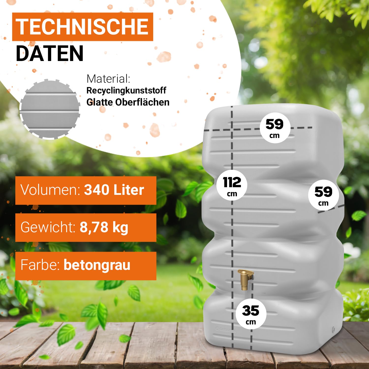 GARANTIA CUBUS Gartentank Komplett-Set 340 Liter betongrau inkl. Kunststoff-Auslaufhahn und Fallrohranschluss - Regentonne eckig zum Regenwasser sammeln auf Terrasse - Regenwassersammler flexibel