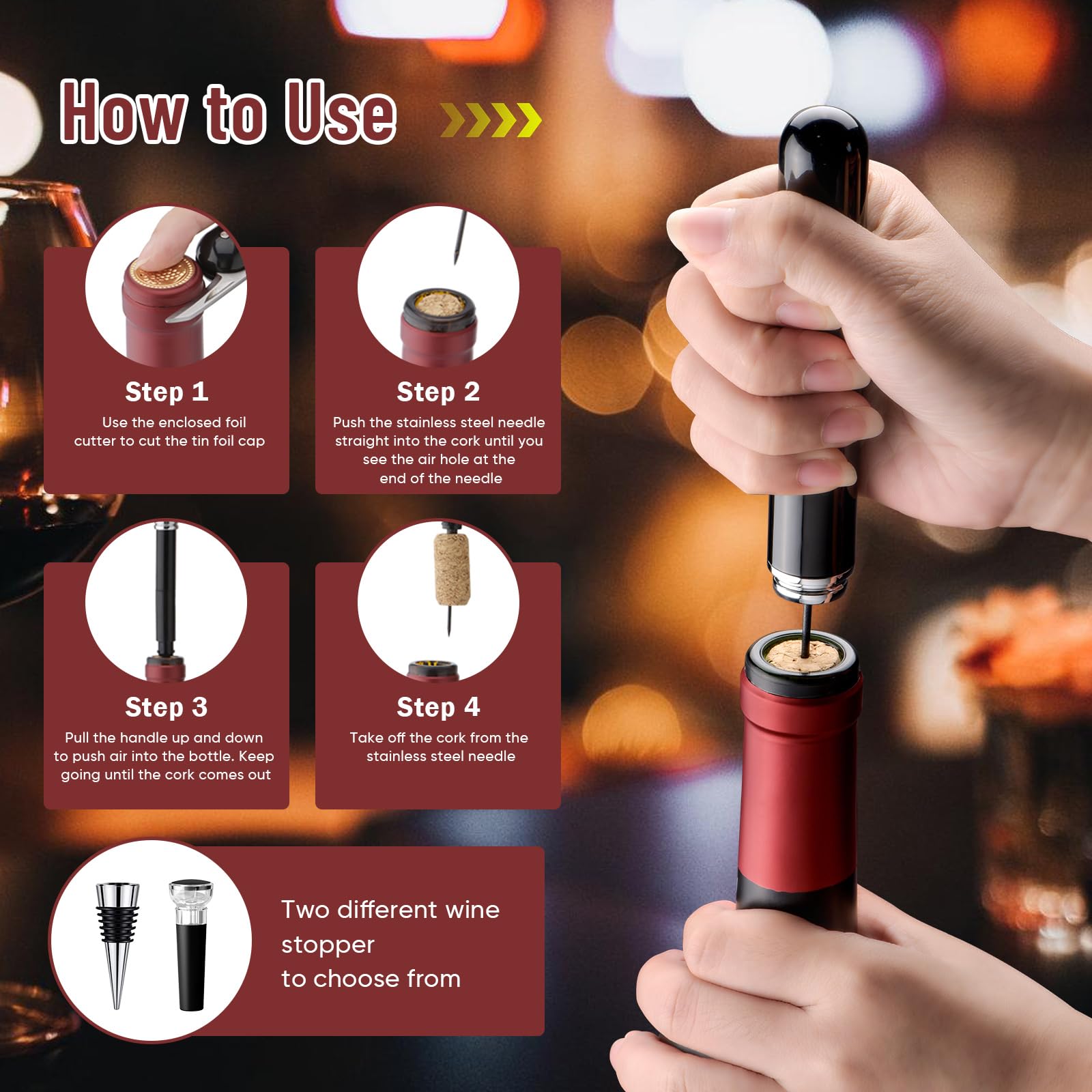 Sacacorchos de Bomba, Abrebotellas Aire Presión con Corta Cápsulas y Tapones de Botella, Accesorios Vino Portátil para Viaje Fiesta Boda, Regalo para los Amantes del Vino