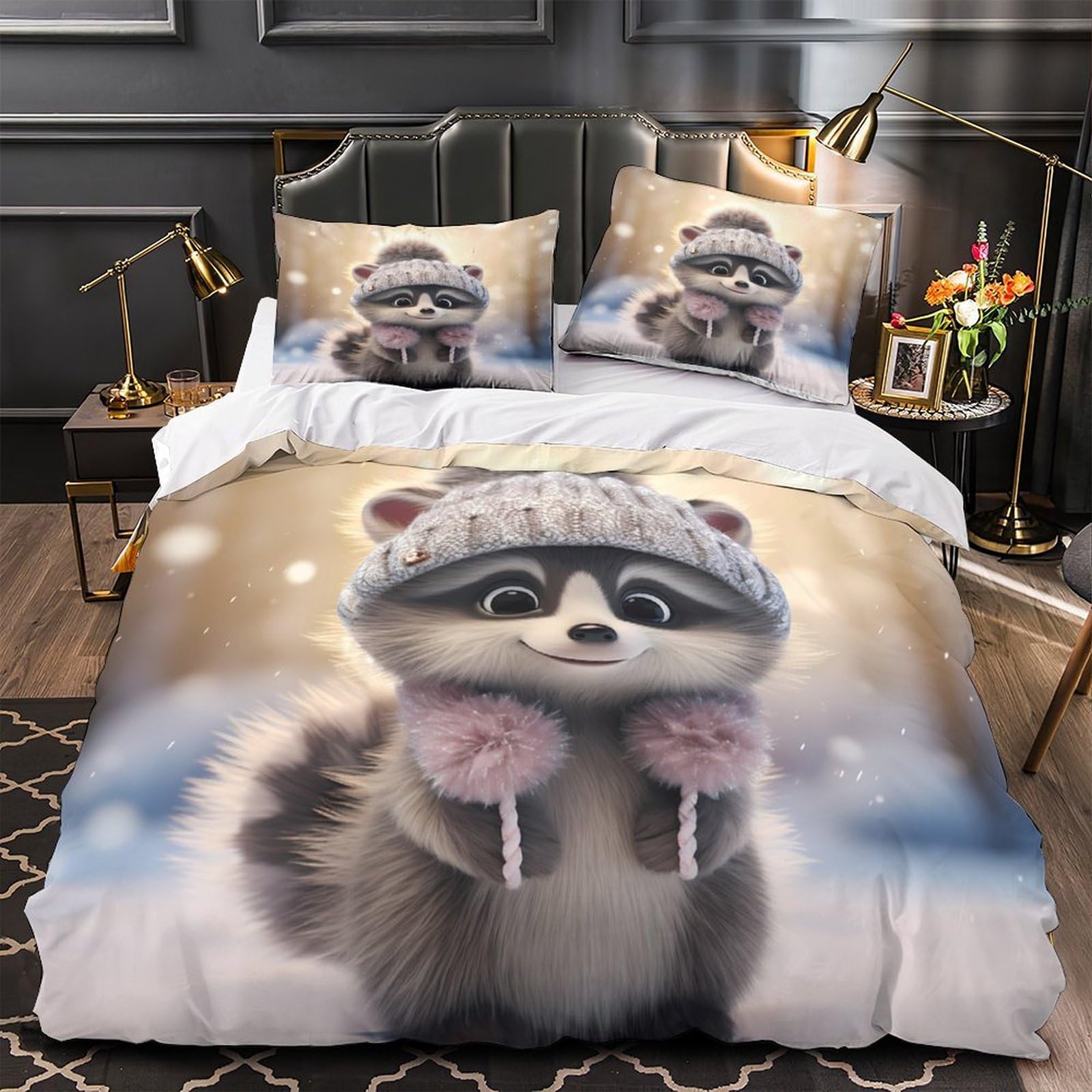Housse de couette 220x240 raton laveur lavable machine avec zip caché