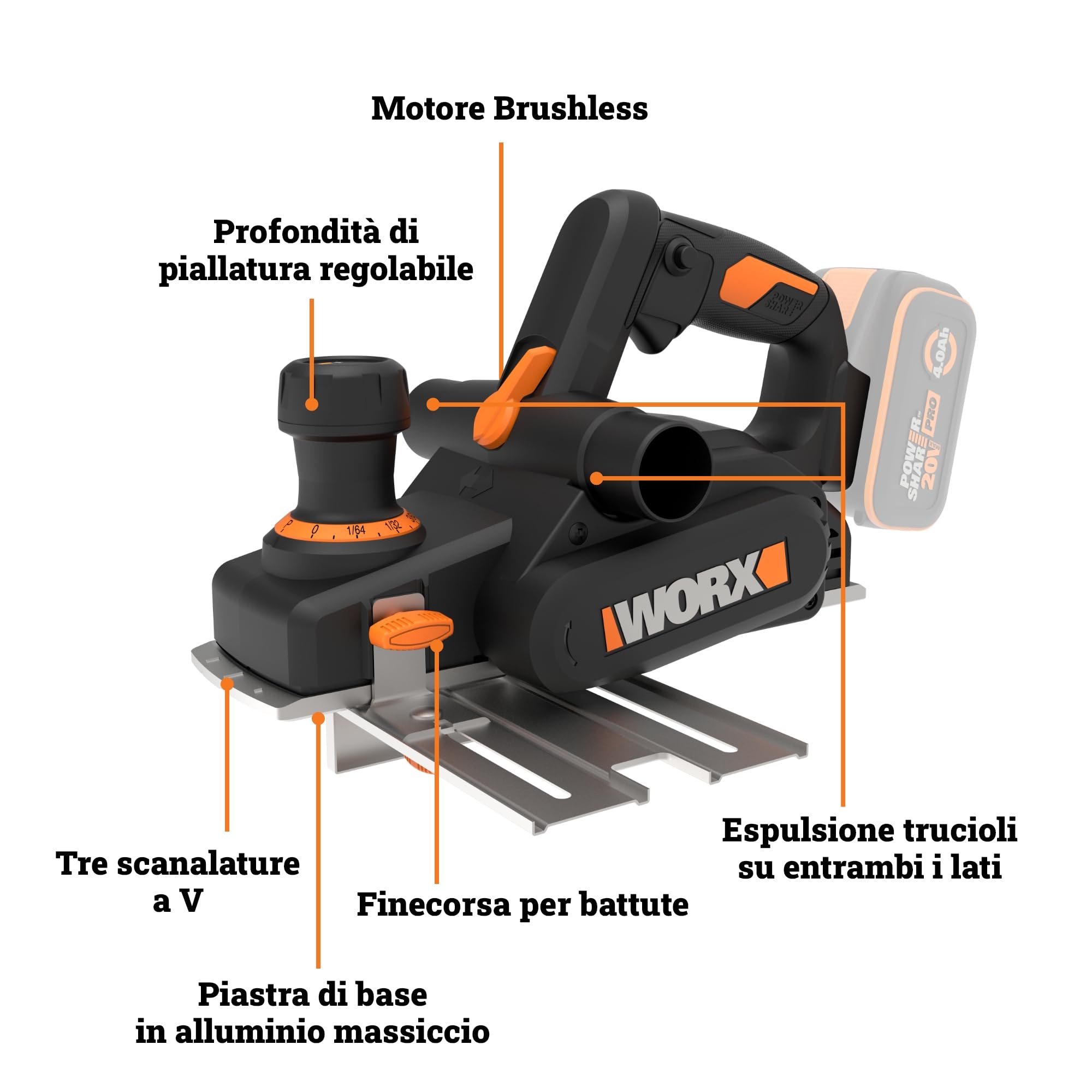 WORX WX620.9 Pialla a batteria 20 V, larghezza di piallatura 82 mm, motore brushless, profondità di taglio 0-2 mm, battuta 0-8 mm, scanalatura a V senza batteria e caricabatterie