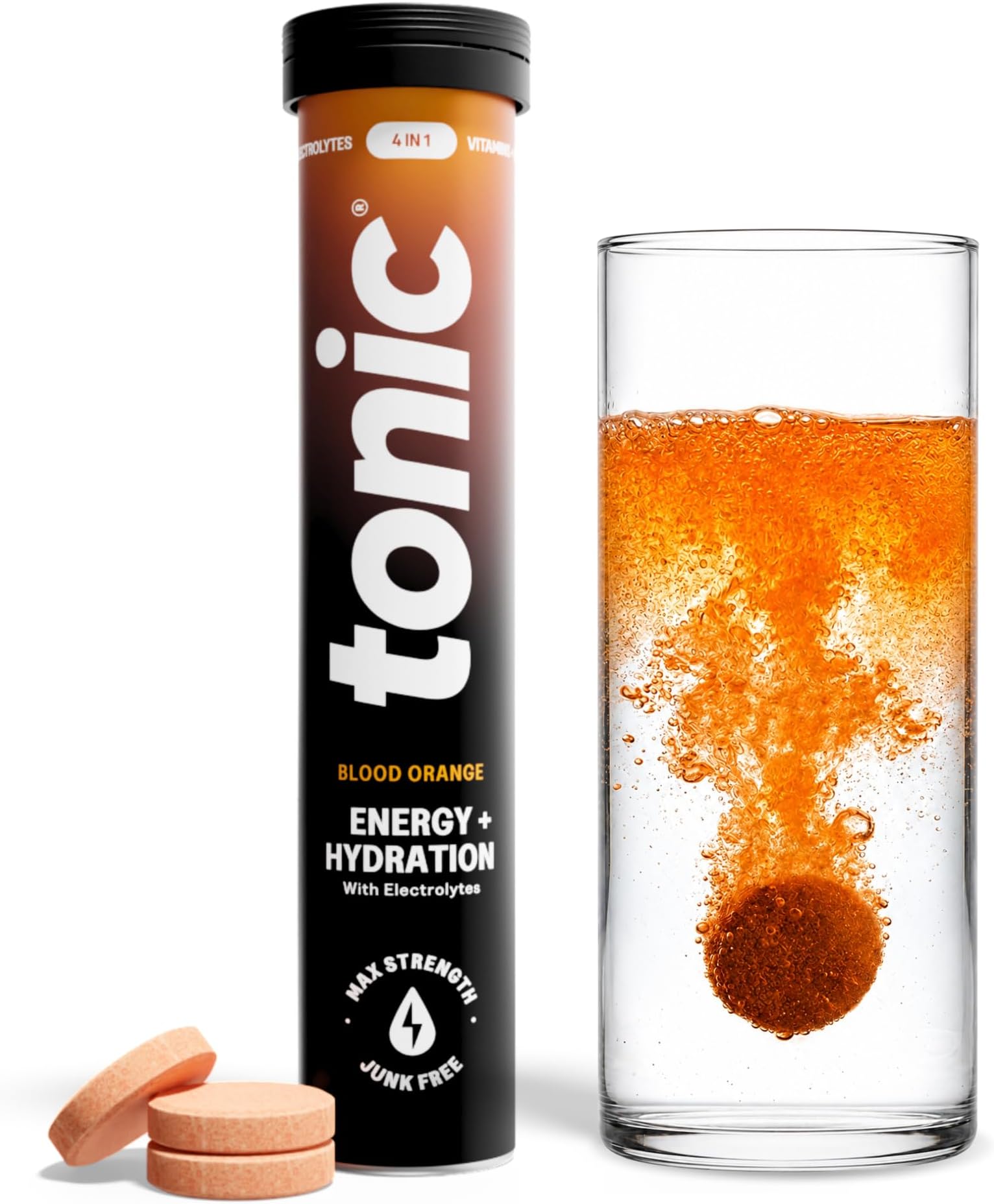 Tonic Health Energy and Hydration Tablets - 15 Vitamins, Minerals, Plants with Panax Ginseng, No Sugar Effervescent Multivitamins - Rehydration Electrolytes Tablets, Blood Orange 20 Count